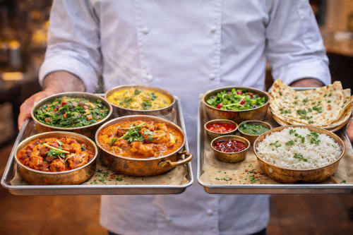 Indisches Curry mit Reis, Naan und Gewürzen
