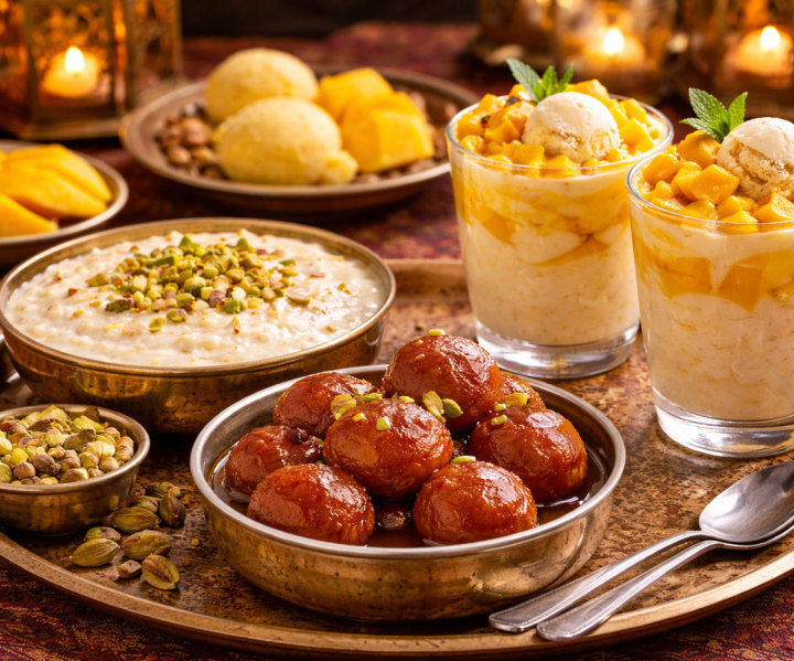 Verschiedene Nachspeisen mit Gulab Jamun und Mango Creme