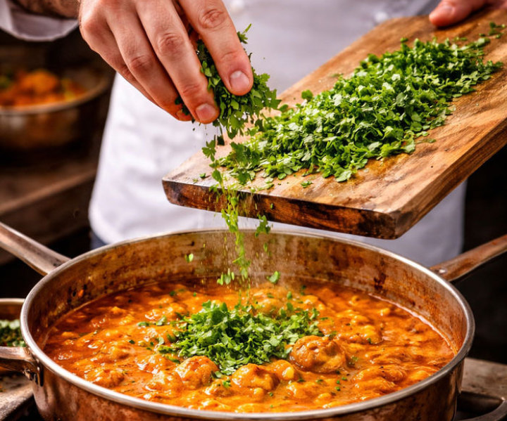 Koch beim Zubereiten indischer Gewürze und frischer Zutaten