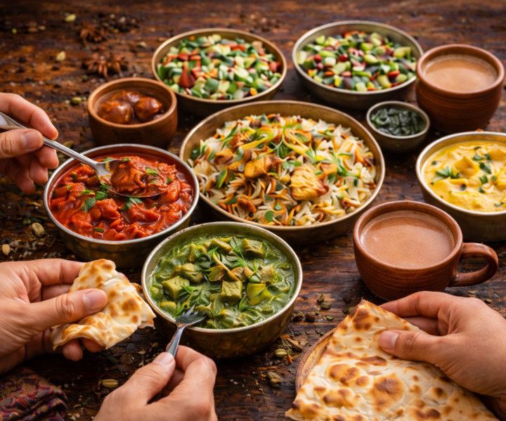 Verschiedene indische Gerichte auf rustikalem Holztisch