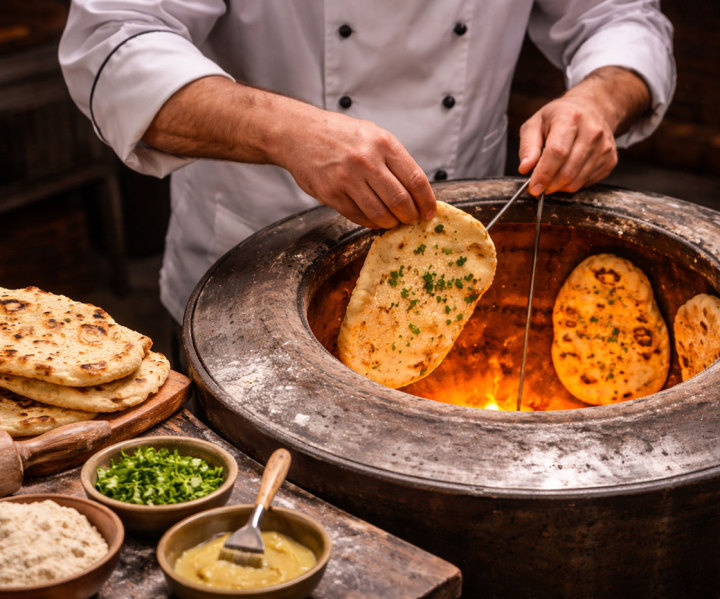 Indischer Koch bereitet Naan zu