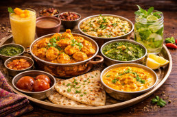 Indische Speisen – Curry, Biryani, Naan und Lassi auf Holztisch