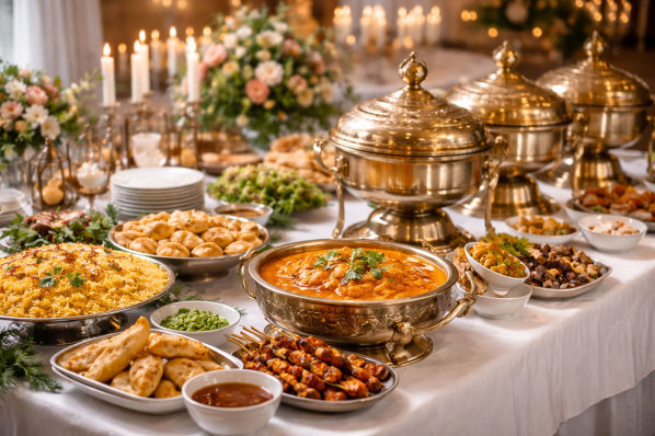 Indisches Catering Buffet mit verschiedenen warmen Speisen