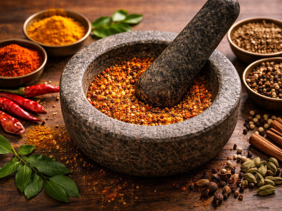 Indische Gewürze als Masala im Steinmörser