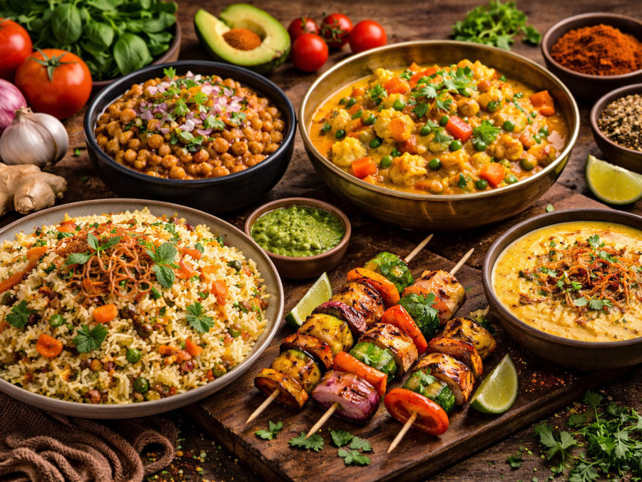 Vegetarisch und vegane indische Gerichte auf Holztisch